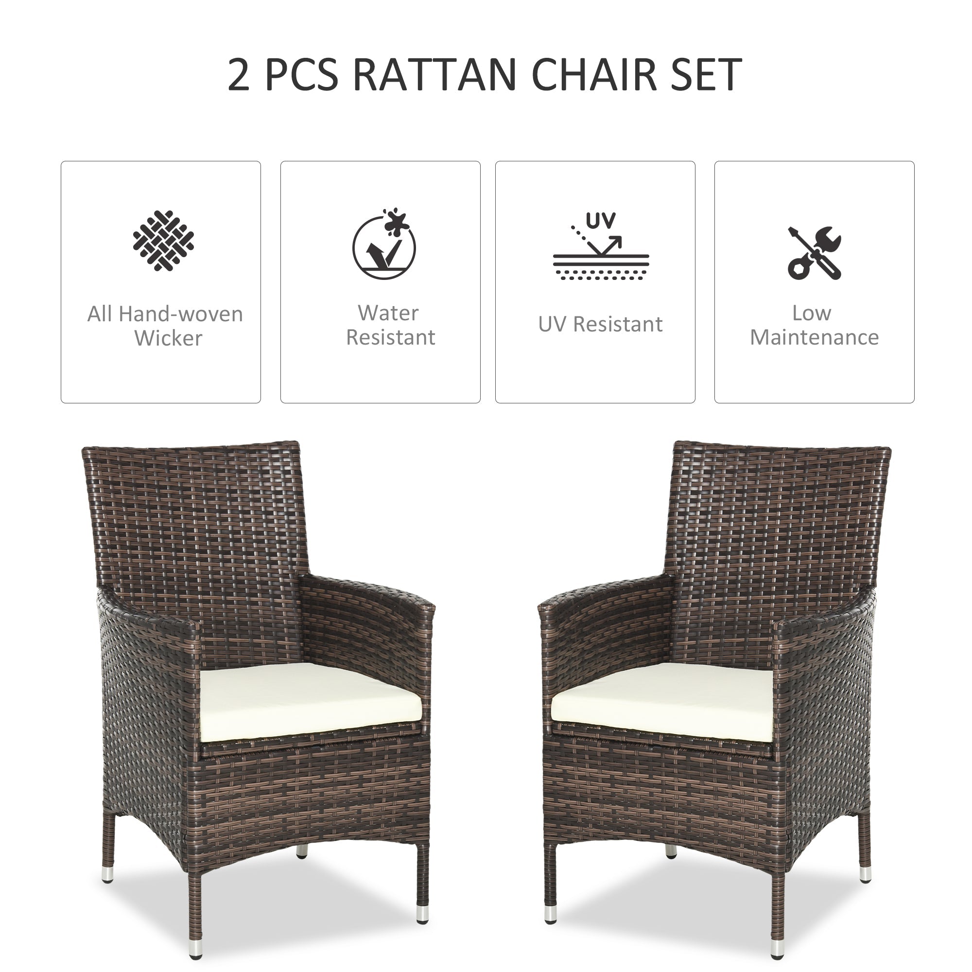 Outsunny 2 PC Outdoor Rattan Armchair Dining Chair Garden Patio Furniture w/ Armrests Cushions Mixed Brown